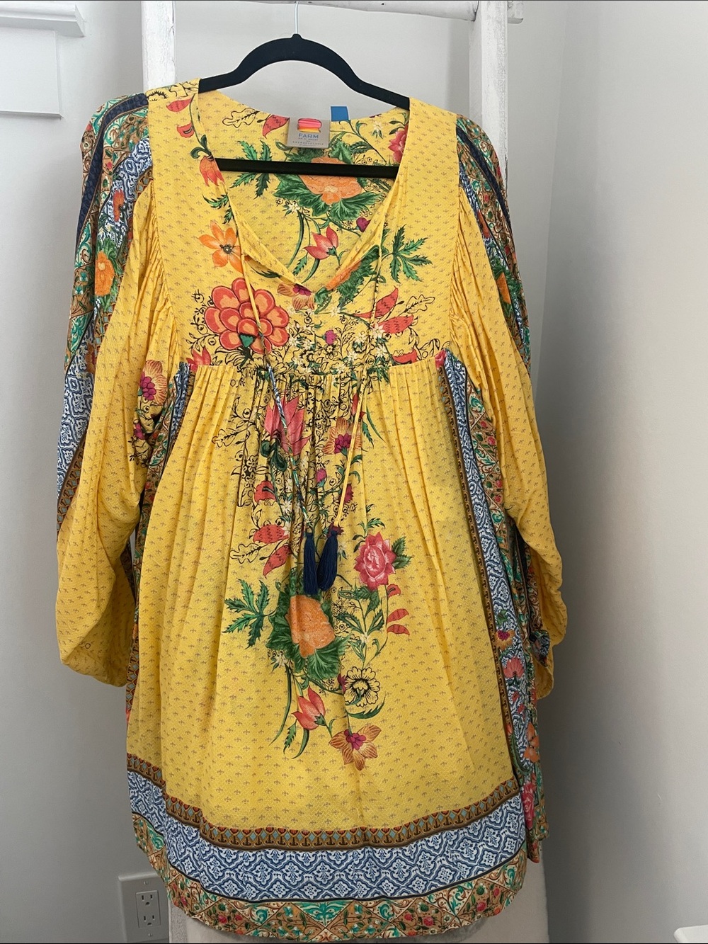 FARM Rio Yellow Floral Mini Dress with Multicolor Border